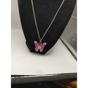 Necklace Pink ,white Enamel butterfly silver Tone Pendant Lobster Clasps...#3